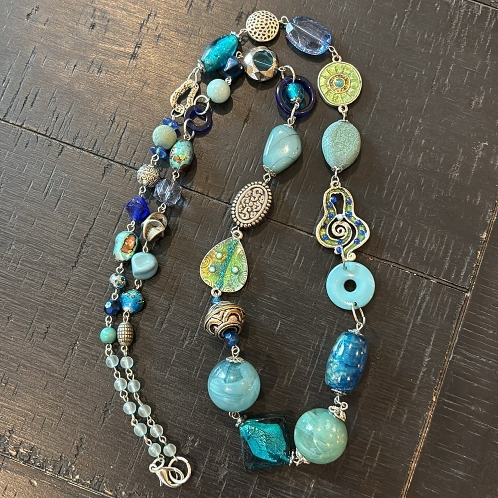 Blue Dichroic Glass Acrylic Stone Silver Beaded Long Enamel Beaded Necklace​ - Picture 8 of 8